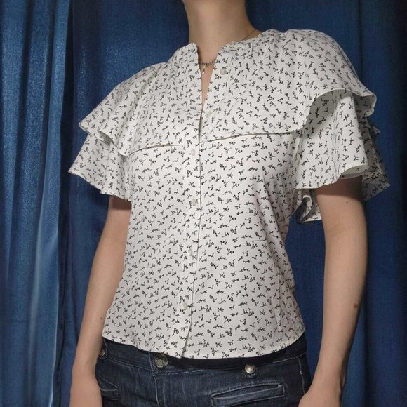 Japanese white ruffle big sleeved dainty floral pattern blouse for work - Picture 4 of 14